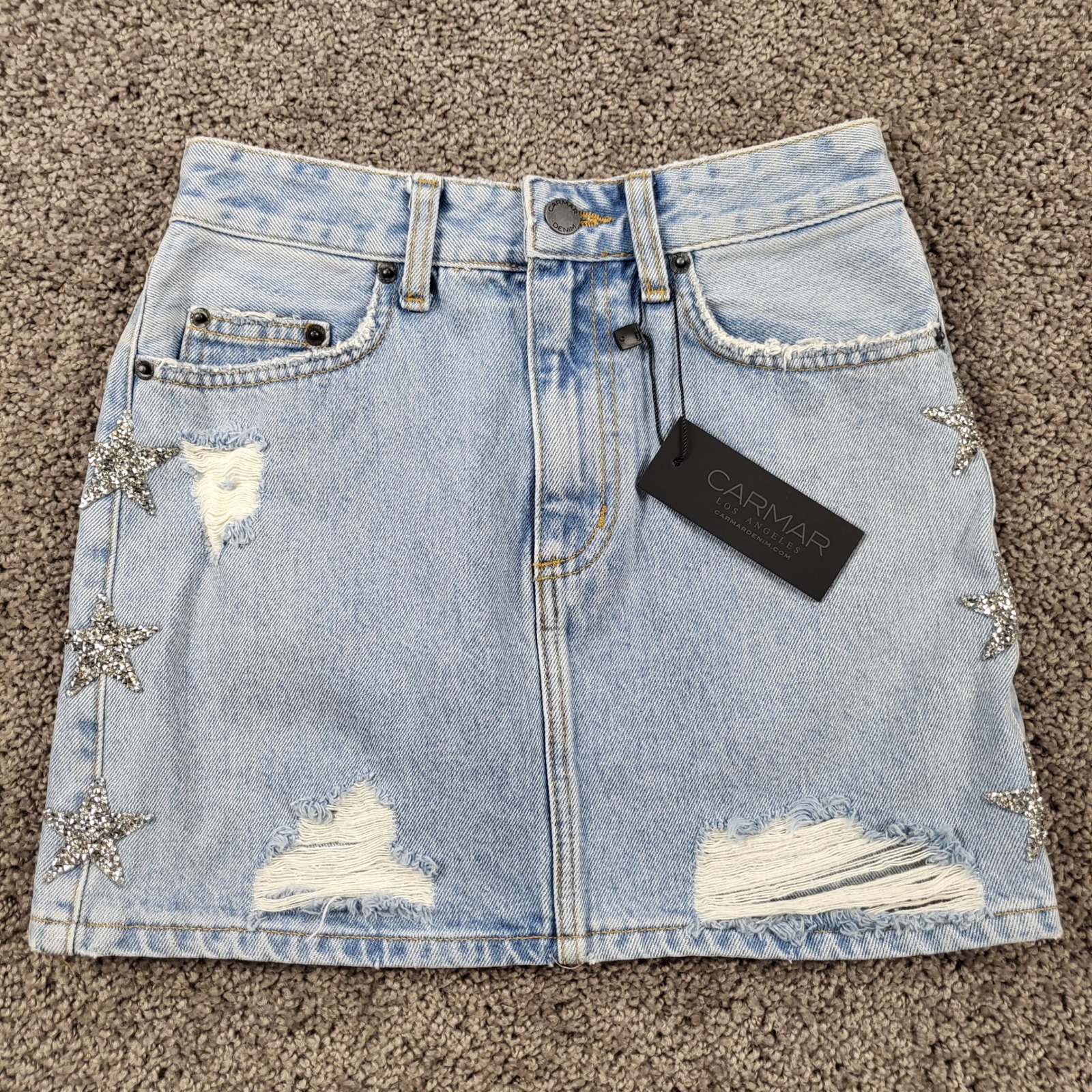 Carmar Denim Colin Star Rhinestone Distressed Mini Skirt Light Wash Size 24 New — image 2 of 8